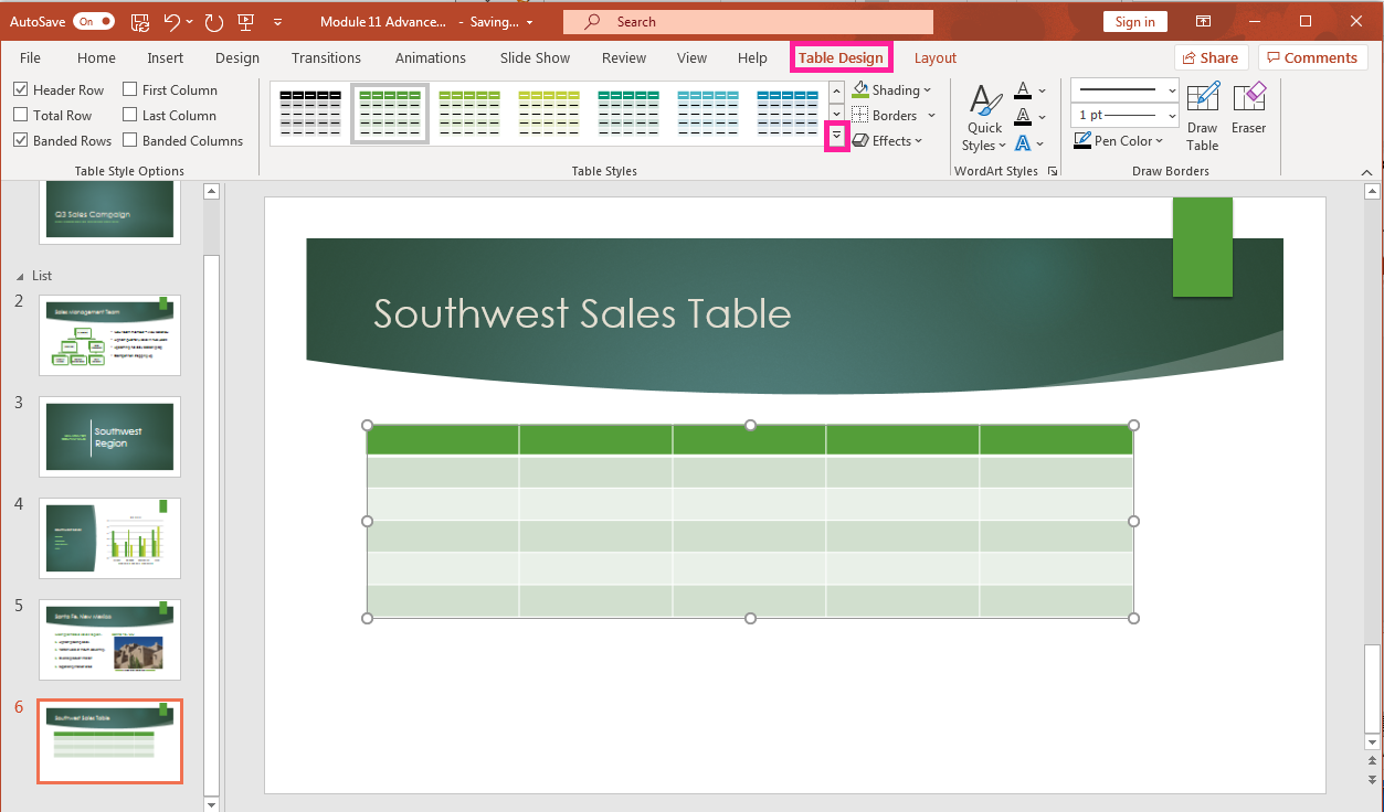 PowerPoint screenshot of open presentation with a new slide and the new empty table inserted into slide.
