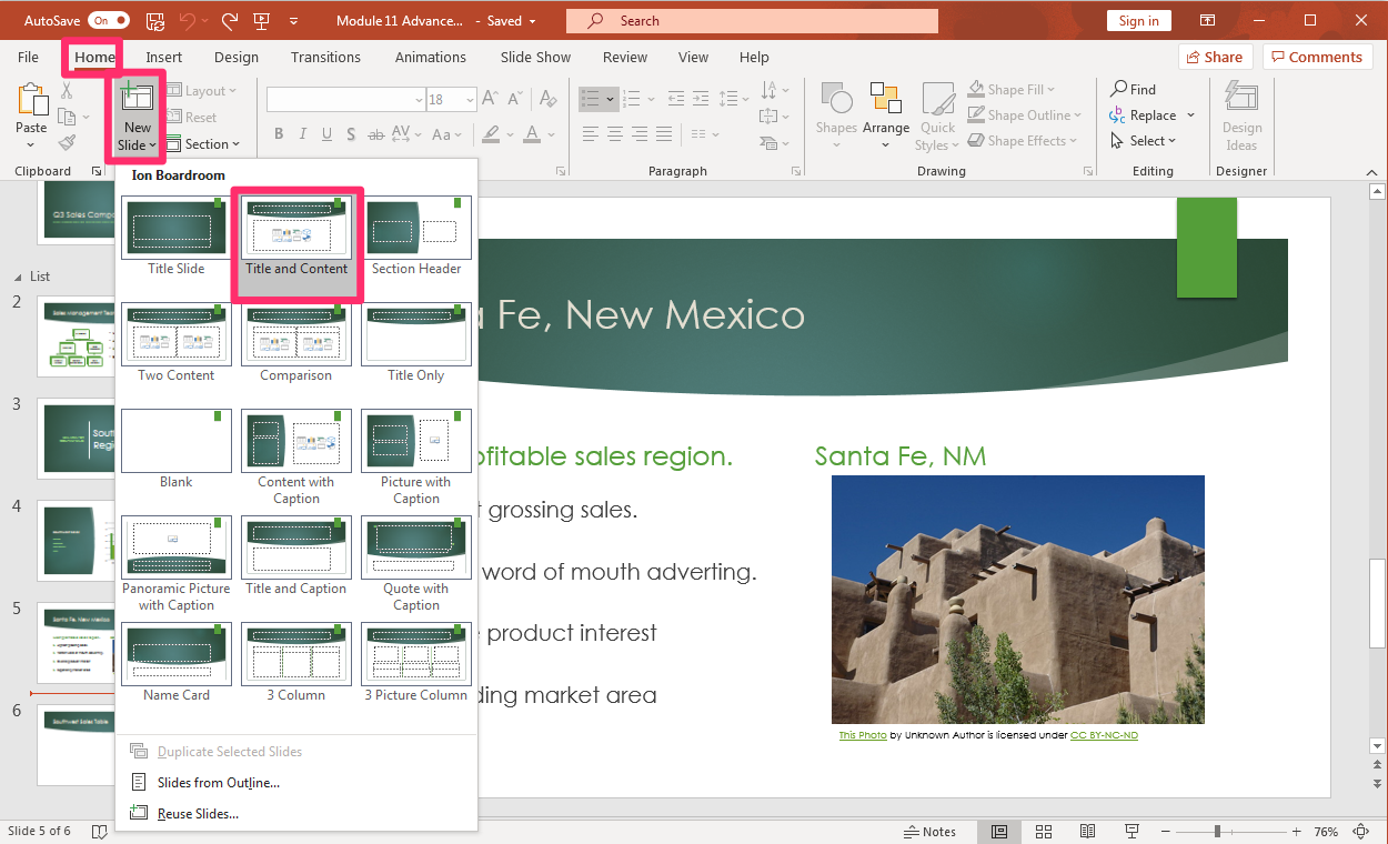 PowerPoint screenshot of open presentation highlighting how to insert a new slide for a table.