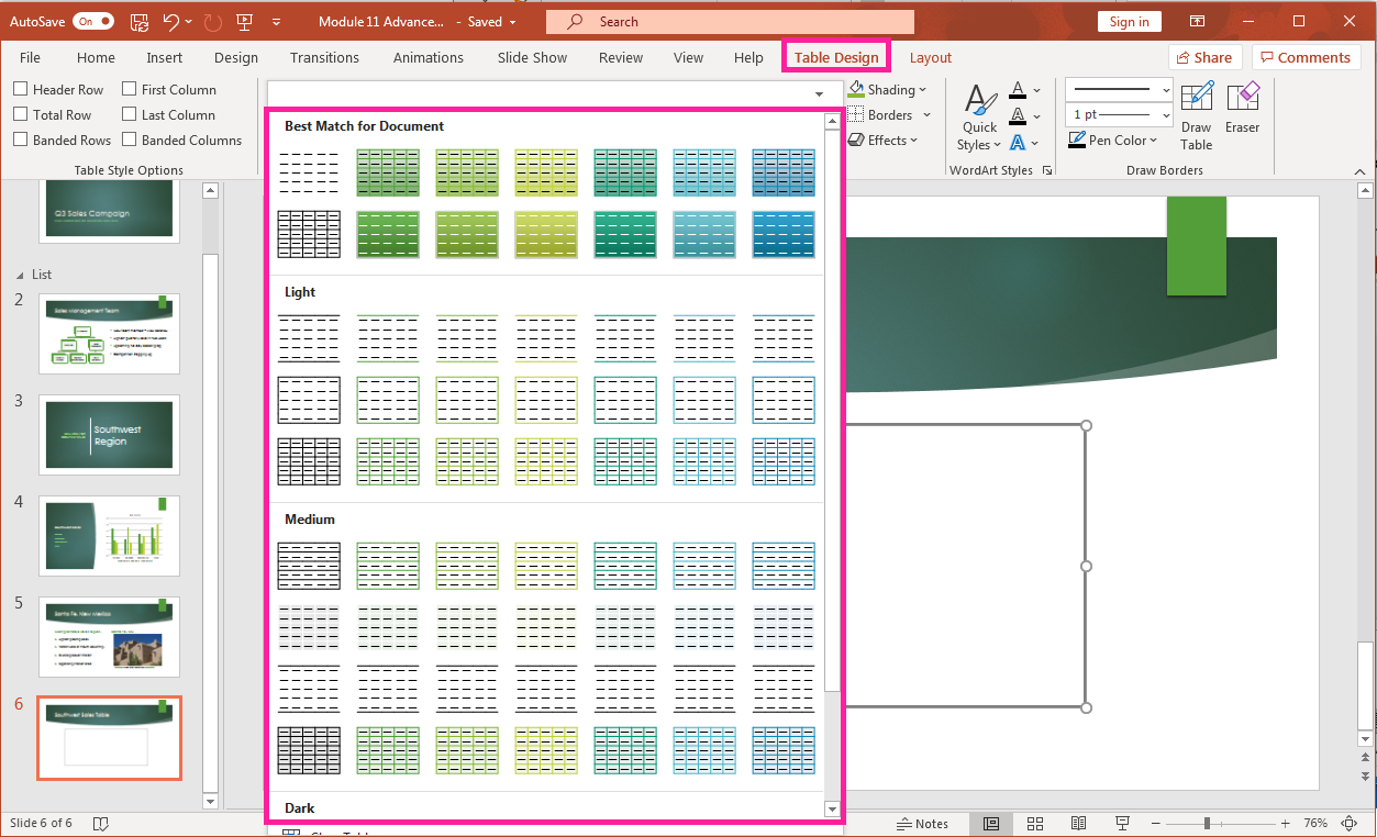 PowerPoint screenshot of Table Design tab showing all the table style choices in a drop-down menu.