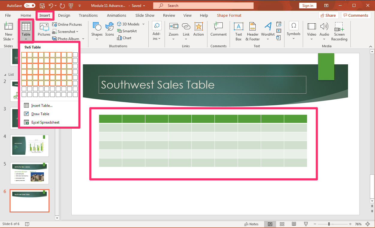 PowerPoint screenshot of open presentation with a new slide and the insert table process where a new table is added by highlighting a number of cubes.