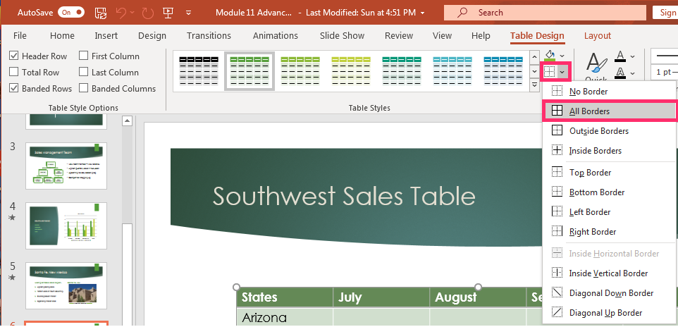 PowerPoint screenshot of Table Design tab showing border options in drop-down menu.