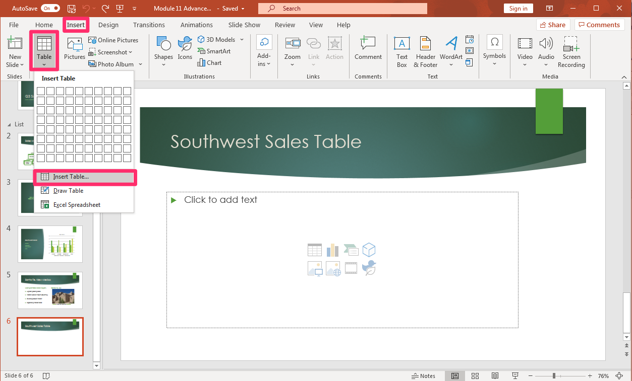 PowerPoint screenshot of open presentation with a new slide and the insert table process where a new table is added by insert table button.