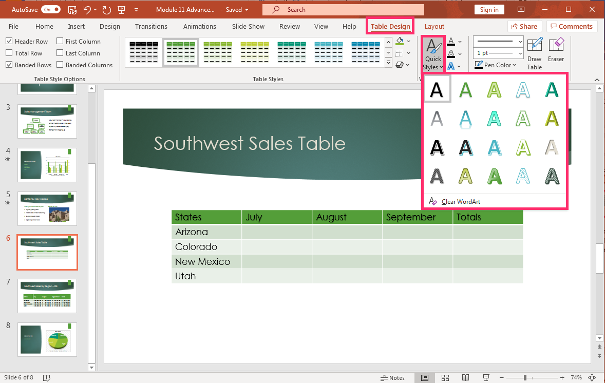 PowerPoint screenshot of Table Design tab showing WordArt options in drop-down menu.