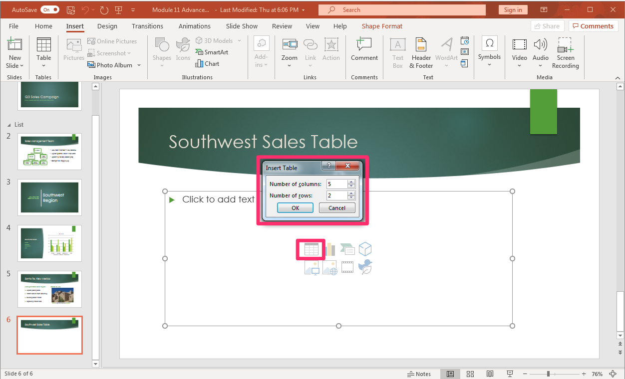 PowerPoint screenshot of open presentation with a new slide and the insert table process where a new table dialog box is open with suggested row and column numbers.
