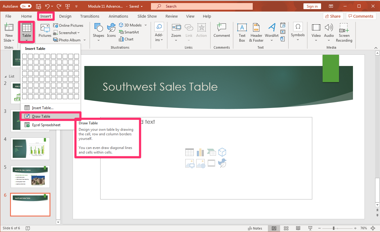 PowerPoint screenshot of open presentation with a new slide and empty green inserted table drawn into the slide.