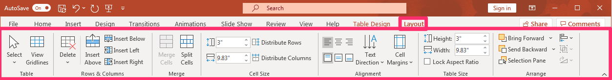 PowerPoint screenshot table Layout tab.