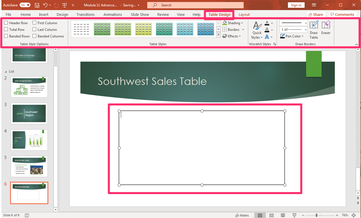 PowerPoint screenshot of open presentation with a new inserted table being drawn into the slide with highlighted Table design tab.