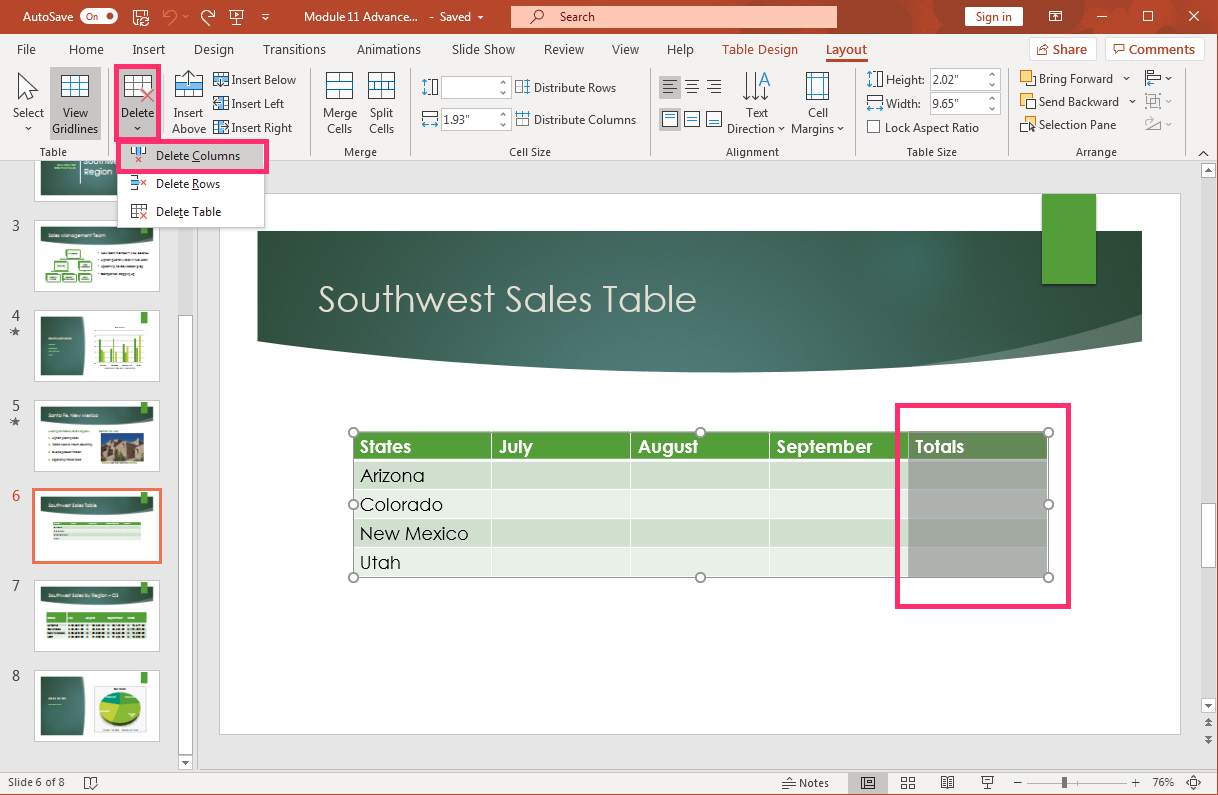 PowerPoint screenshot table Layout tab with table delete drop-down menu options.