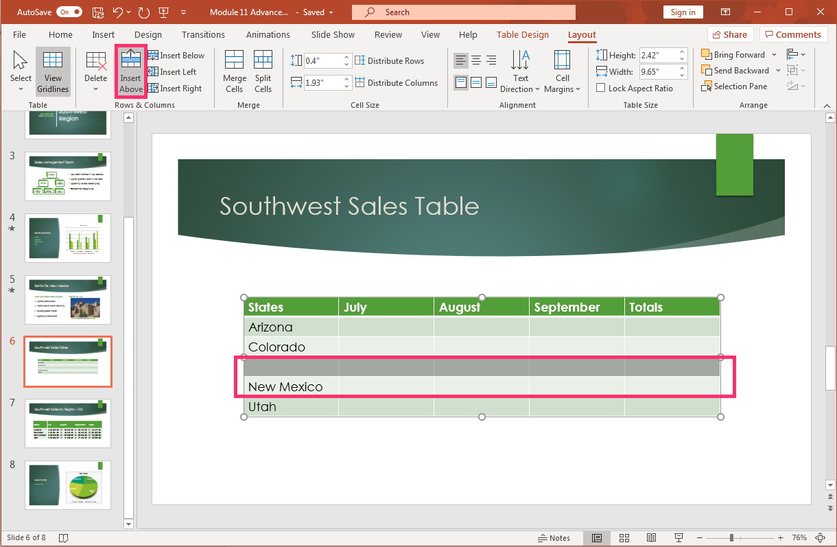 PowerPoint screenshot table Layout tab, Rows & Columns group, table insert options.