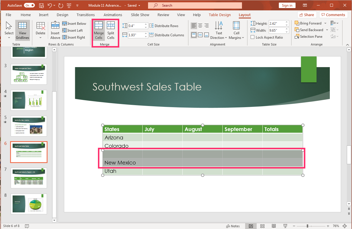 PowerPoint screenshot table Layout tab, Merge group, merge or split cell options.
