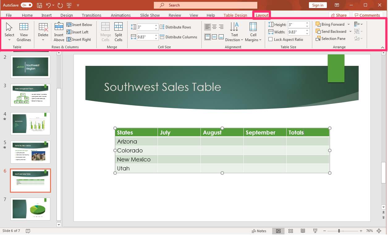 PowerPoint screenshot of open presentation with a new inserted table being drawn into the slide with options in layout tab.