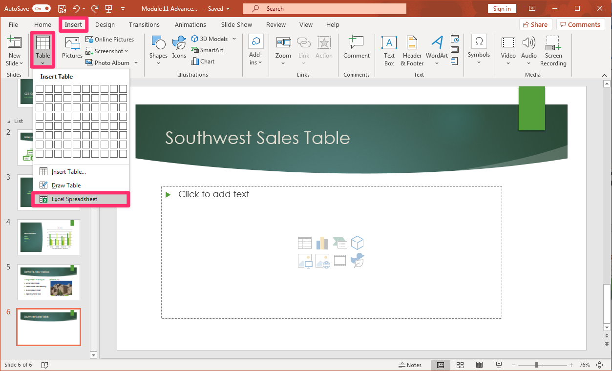 PowerPoint screenshot of open presentation with a new slide and the insert Excel Spreadsheet button highlighted.