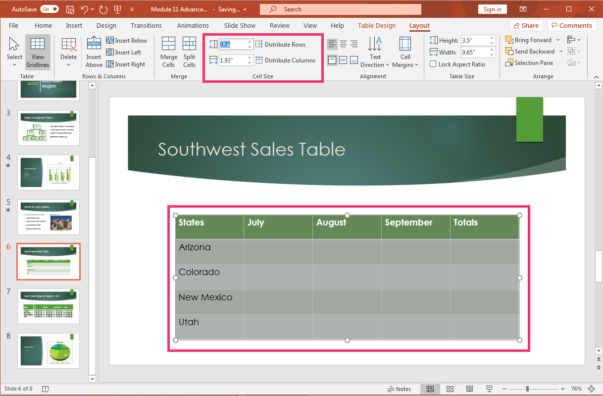 PowerPoint screenshot table Layout tab, Cell size group, cell sizing options.