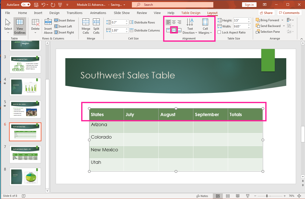 PowerPoint screenshot table Layout tab, Merge group, Alignment group options.