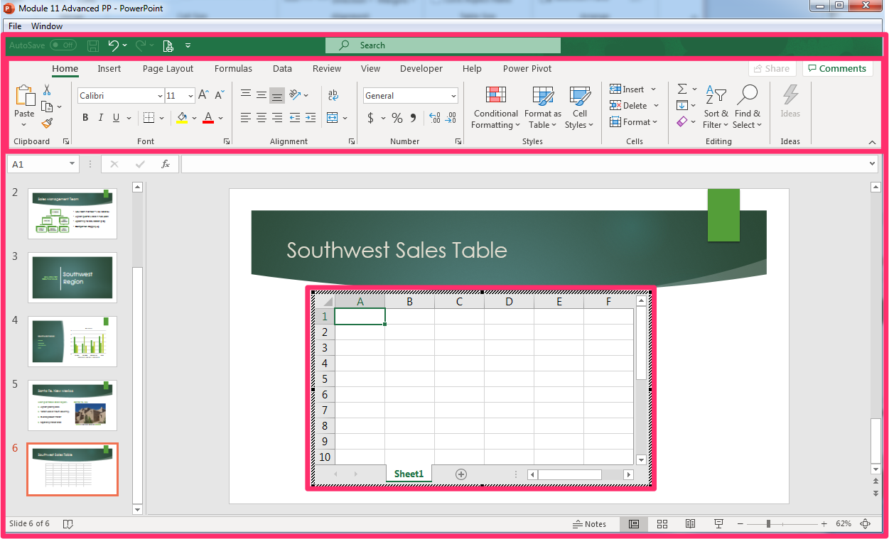 PowerPoint screenshot of open presentation with a new slide and inserted Excel Spreadsheet highlighted. Showing that the menu options are now from Excel.