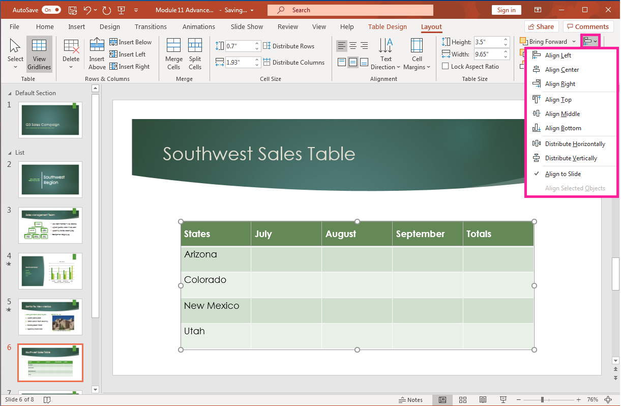 PowerPoint screenshot table Layout tab, Merge group, Arrange group options.