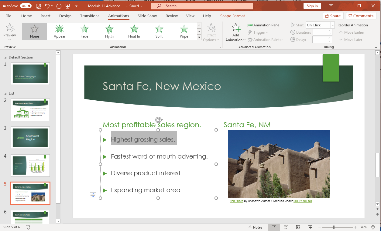 PowerPoint presentation screenshot highlighting sentence in list and choices for animation of the text.
