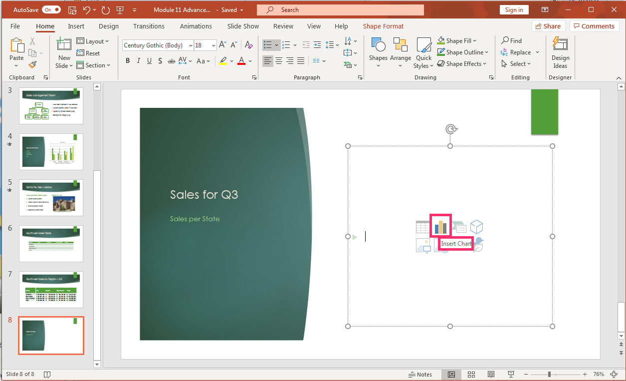 PowerPoint presentation screenshot showing how to insert a chart from chart icon in slide.