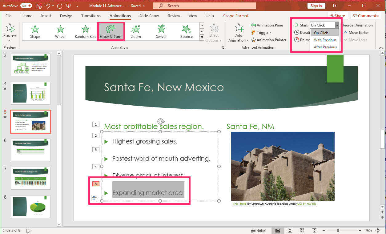 PowerPoint presentation screenshot highlighting the Glow and Turn animation for selected text.