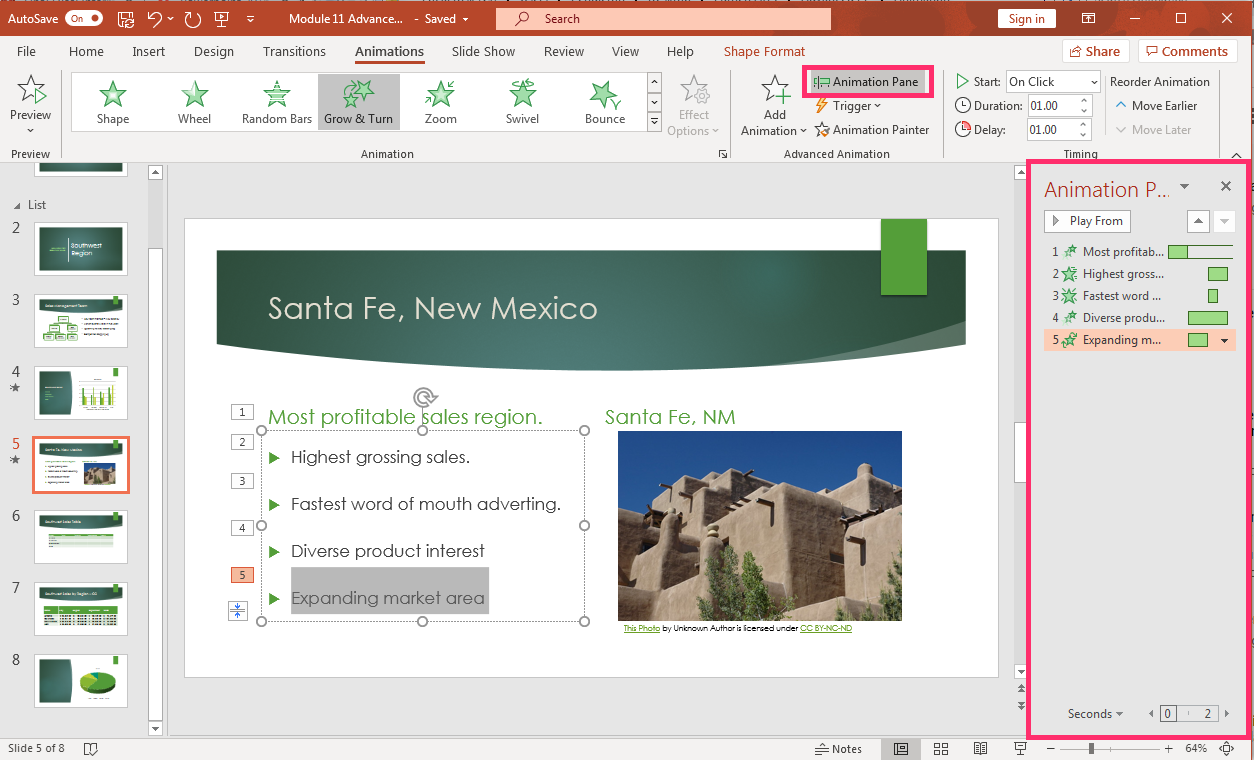 PowerPoint presentation screenshot showing animation pane and open list of text with animations.