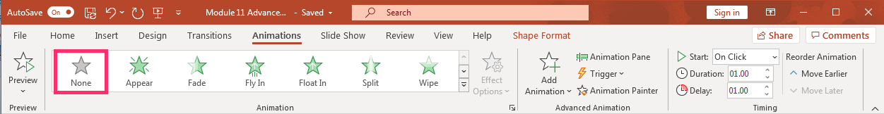 PowerPoint presentation screenshot showing Animations tab and the None button highlighted.