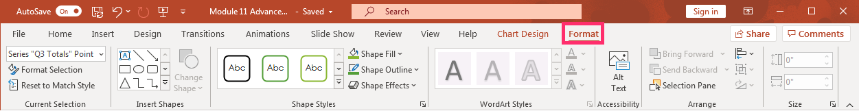PowerPoint presentation screenshot of Format tab ribbon options open to modify a chart.