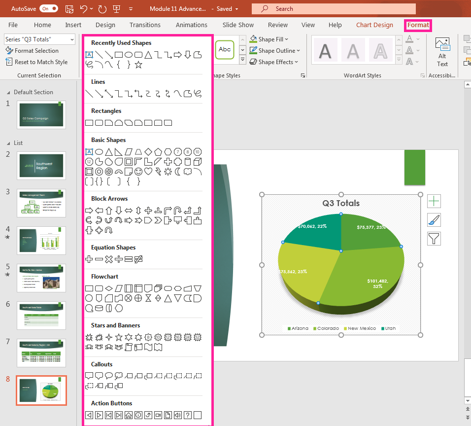 PowerPoint presentation screenshot of Format tab, insert shapes menu.