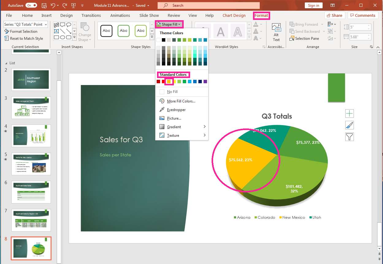 PowerPoint presentation screenshot of Format tab, shape fill color options.