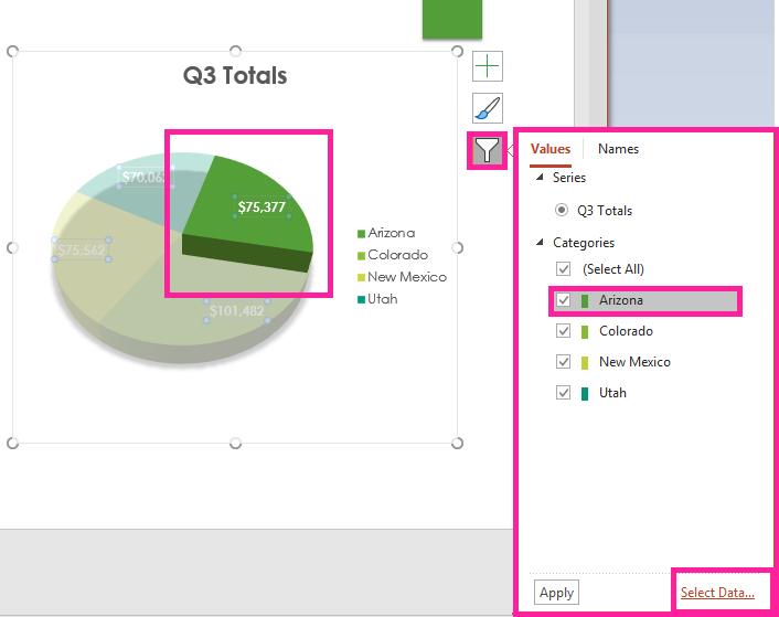 PowerPoint presentation screenshot of pie chart filter button with value change options menu.