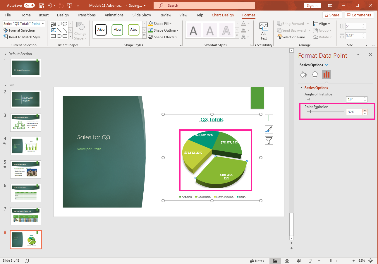 PowerPoint presentation screenshot of Format tab, Format Data Point, calling out a piece of pie chart.