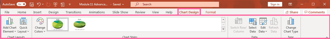 PowerPoint presentation screenshot of Chart Design tab tools in ribbon.