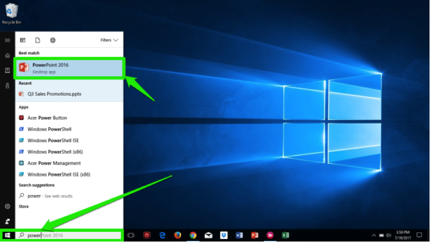 A Microsoft desktop is displayed with the menu open. There is a green arrow pointing at where to open the menu and another green arrow showing where to access Microsoft Powerpoint.