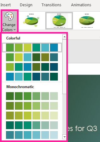 PowerPoint presentation screenshot of change colors for a chart.