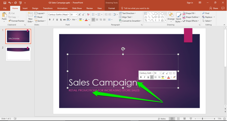 A Microsoft Powerpoint for a sales campaign is displayed. There are two green arrows, one pointing at the title and the other at the subtitle.