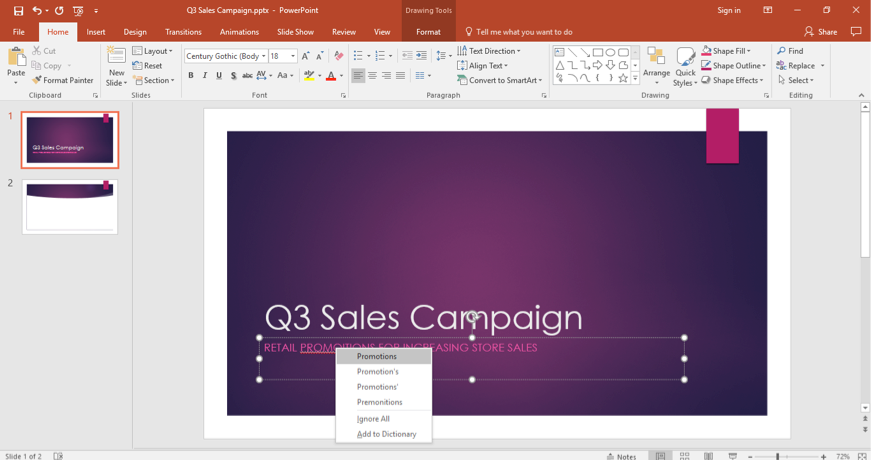 A Microsoft Powerpoint for a sales campaign is displayed. A word has been misspelled in the subtitle section so a dropdown menu has opened up showing possible solutions.