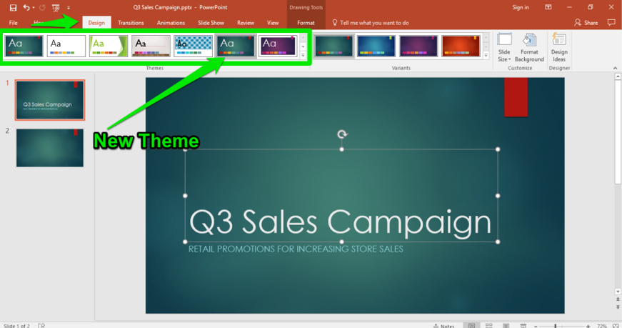 A Microsoft Powerpoint for a sales campaign is displayed. There are two green arrows, the first pointing at the design tab in the ribbon menu and the second pointing at a specific theme.