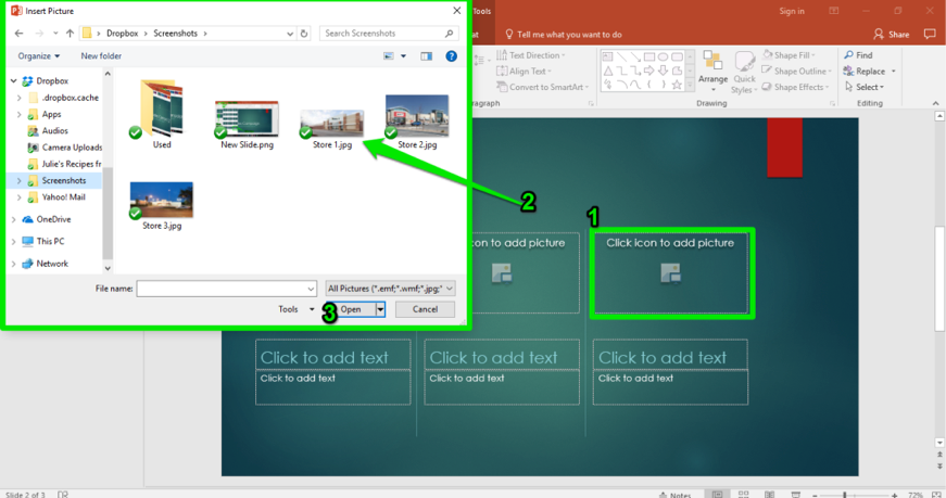 A Microsoft Powerpoint for a sales campaign is displayed. There are two green boxes showing where to insert a picture and the finder menu showing the pictures that have been stored on the computer.