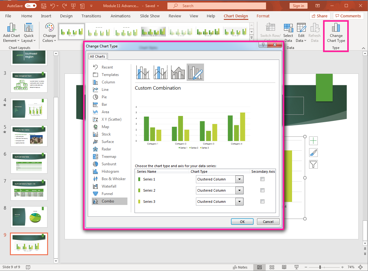 PowerPoint presentation screenshot of Chart Design tab, Change Chart Type button, dialog box menu options.