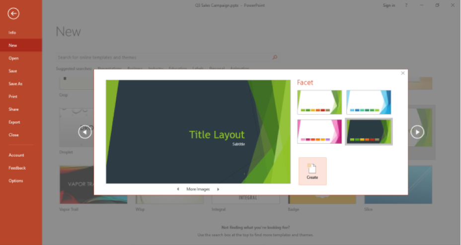 A Microsoft Powerpoint is open and is displaying the template that has been selected to create a new powerpoint.