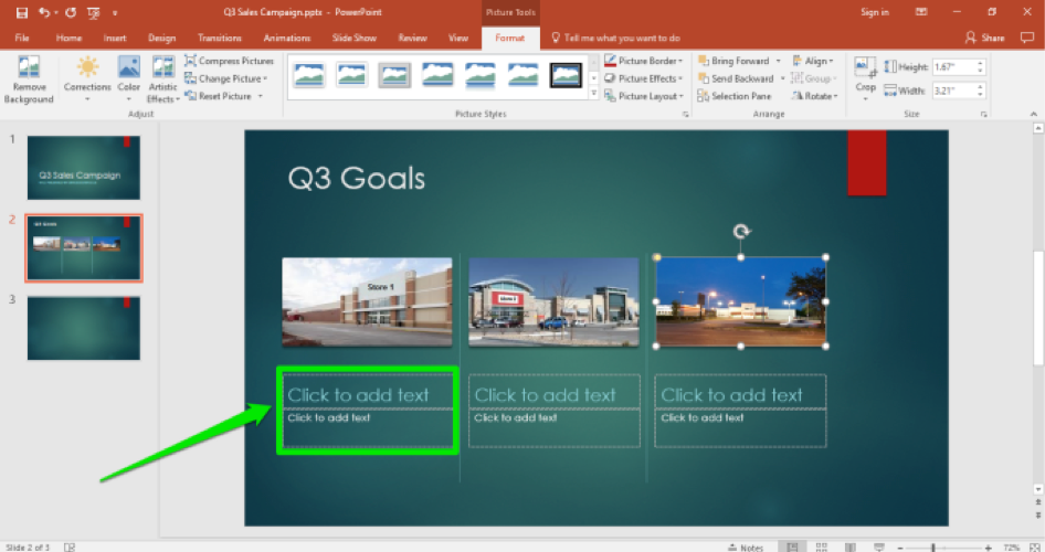 A Microsoft Powerpoint for a sales campaign is displayed. A green box shows where to insert text.