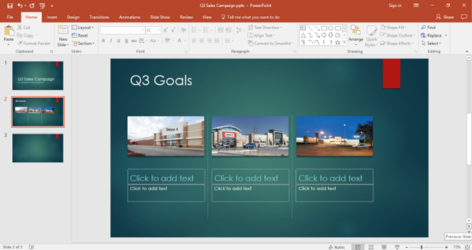 A Microsoft Powerpoint for a sales campaign is displayed with the title of Q3 goals, there are three pictures in this slide.