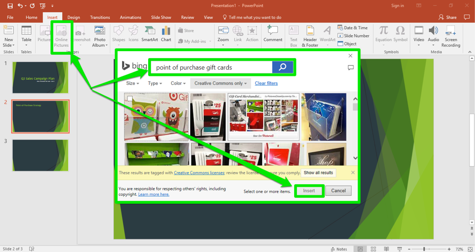 A Microsoft Powerpoint is open for a sales campaign. It is on the second slide of the powerpoint. A bing search for point of purchase gifts has been entered and is displayed in front of the powerpoint.