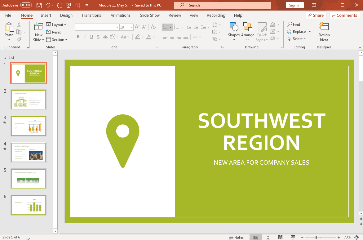 A PowerPoint slide deck with 6 slides. The first slide is a title slide with the words "Southwest Region: New Area for Company Sales"