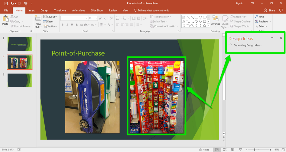 A Microsoft Powerpoint is open for a sales campaign. It is on the second slide of the powerpoint and two images stand next to one another. Two green arrows show that a design idea has been entered on this slide.