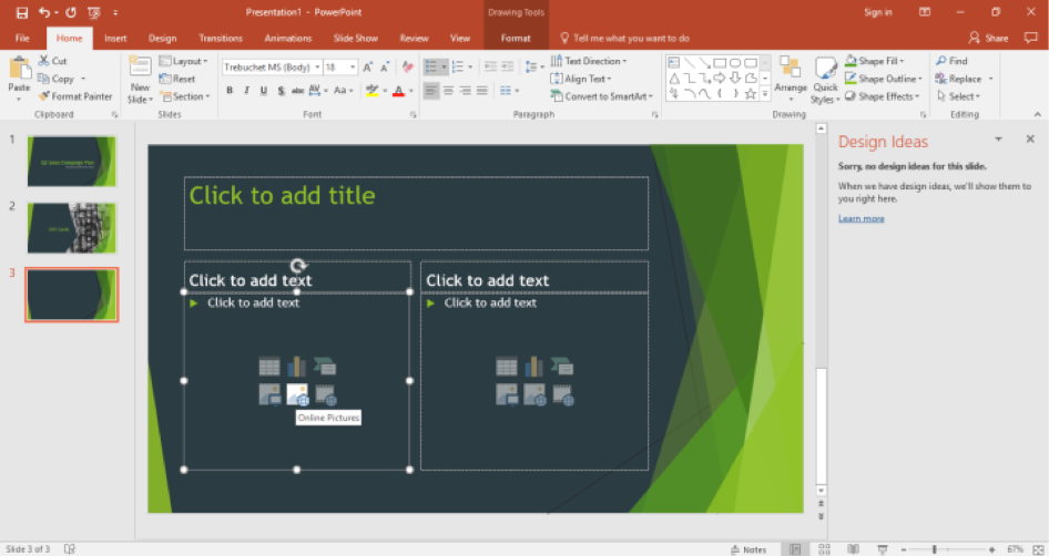 A Microsoft Powerpoint is open for a sales campaign. It is on the third slide of the powerpoint