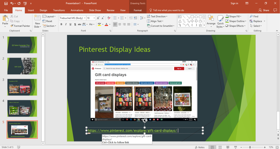 A Microsoft Powerpoint is open for a sales campaign. It is on the fourth slide of the powerpoint and a screenshot of the pinterest search is displayed on the slide as well as the link to the page.