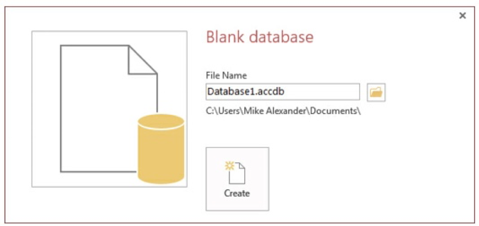 Microsoft Access Blank database screen with Field "File Name" filled with the name "Database1.accdb". File folder button is to the right of the File Name field. This button allows the user to edit the location of the database.