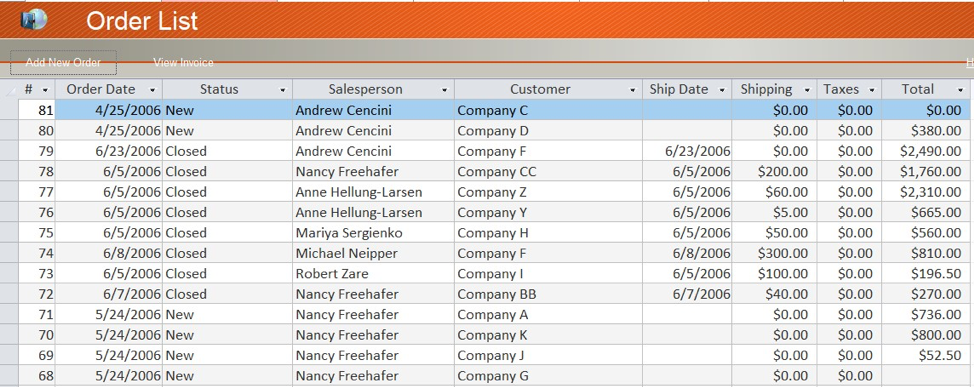 Microsoft Access “Northwind Traders” sample database titled "Order List".