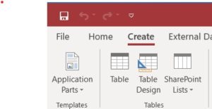 Microsoft Access "Create" button in toolbar selected.
