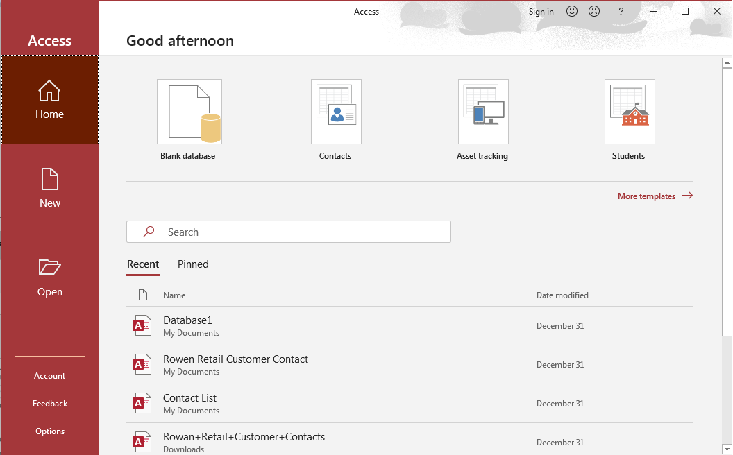 The Home page in Microsoft Access